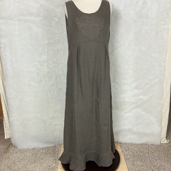Vintage 90s Sleeveless Brown Tone On Tone Paisley Linen Ruffle Hem Maxi Dress L - Picture 1 of 6